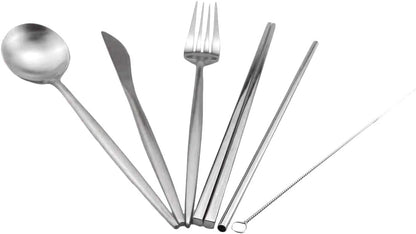 Gugrida Reusable Travel Utensils, 7 Pieces Portable 18/10 Stainless Steel include Knife Fork Spoon Chopsticks Cleaning Brush Straws Portable Pouch, Eco-friendly Camping Silverware Set, Dishwasher Safe