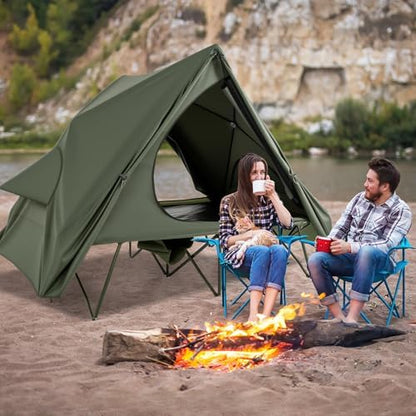 Tangkula 2 in 1 Tent Cot, 2-Person Portable Off-Ground Elevated Camping Tent with Cot, Removable Rainfly, Wheeled Bag, Stakes & Wind Ropes for Outdoor Hiking, Picnic, Travel