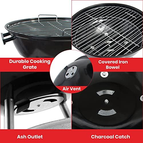 Alpine Cuisine Premium 22x33.9in Charcoal BBQ Grill Round for Outdoor Cooking, Barbecue Coal Kettle Bowl Grill Portable Heavy Duty Round with Legs Grilling for Tailgating Patio Backyard Camping,Black
