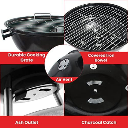 Alpine Cuisine Premium 22x33.9in Charcoal BBQ Grill Round for Outdoor Cooking, Barbecue Coal Kettle Bowl Grill Portable Heavy Duty Round with Legs Grilling for Tailgating Patio Backyard Camping,Black