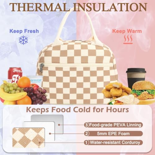 FlowFly Lunch Bag for Women Insulated Lunch Box Corduroy Lunch Tote Cooler for Travel Work Picnic,Corduroy Plaid Khaki