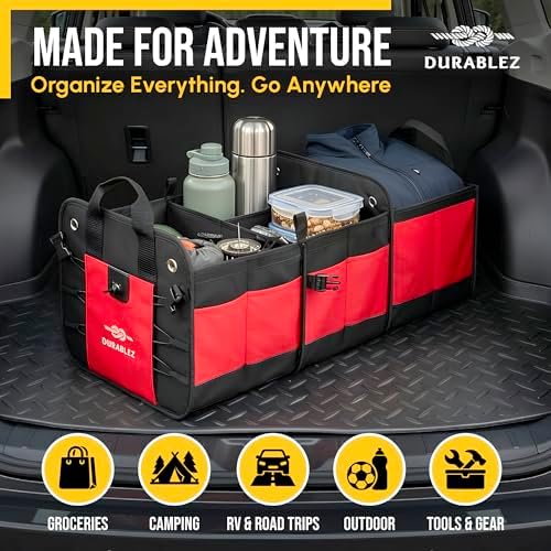Large Car Trunk Organizer, Modular & Collapsible, 3 Compartment, Red