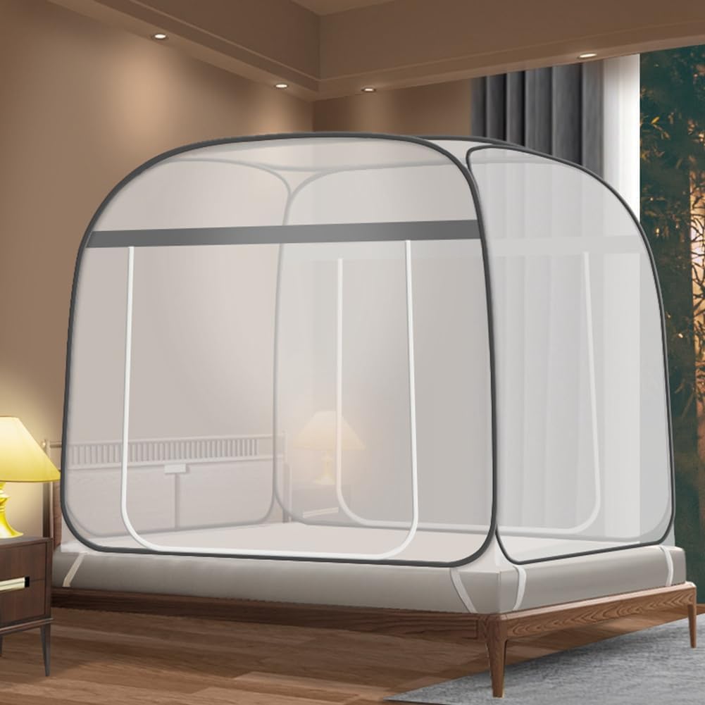 Pop-Up Mosquito Net Tent for Beds Portable Folding Canopy with Net Bottom, Fits Twin to King Size 79x71x59inch, Easy Install Wash for Baby Adults, Indoor Outdoor Use (Gray-Queen Bed)