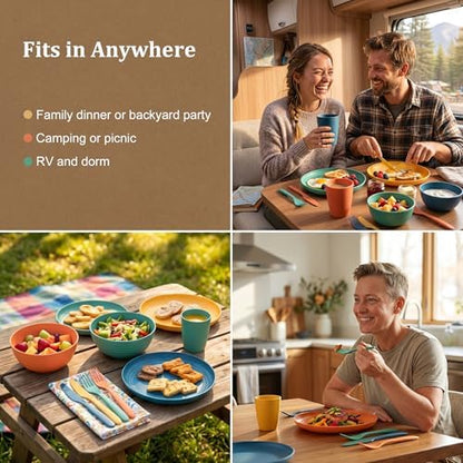 Plastic Dinnerware Sets for 4, Kitchen Plates and Bowls Set - Multi