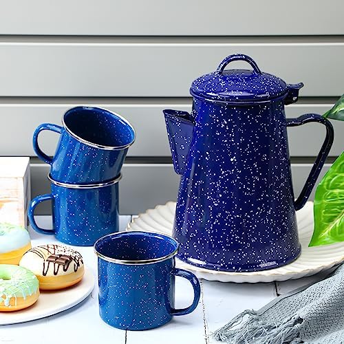 Dandat 60 oz Enamel Coffee Pot Set with 6 Pcs 12oz Mug, Blue Campfire
