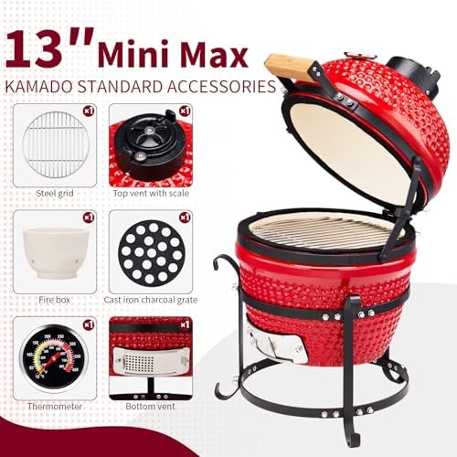 Outvita 13" Round Kamado Charcoal Grill, Portable, Red