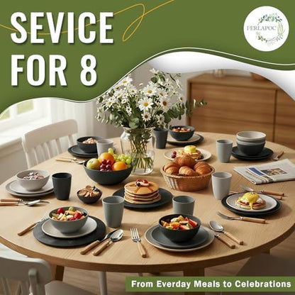 Wheat Straw Dinnerware Sets 40 PCS - Unbreakable Plates and Bowls Sets for 8,Party Kitchen Camping RV Dishwasher & Microwave Safe Modern Lightweight Dishware Sets - Black Grey