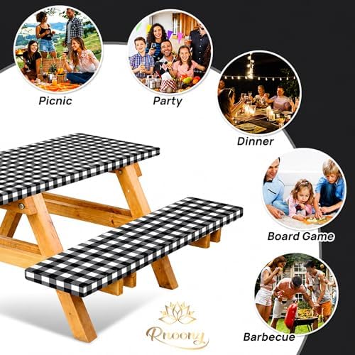 Premium Vinyl Fitted Picnic Table Cover with Bench Covers & Bag, Outdoor Waterproof & Windproof Durable Tablecloth with Elastic Edges, Camping Essentials, RV Gear, 72x30 Inches, Black Checkered - 6 FT