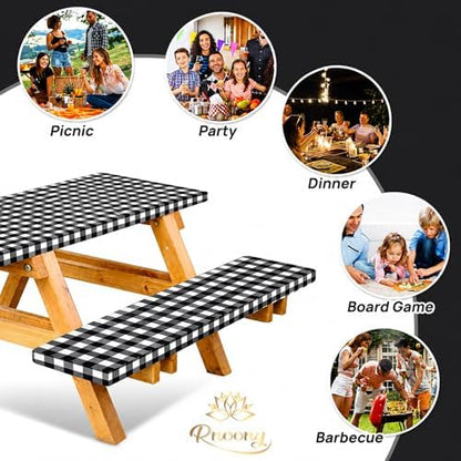 Premium Vinyl Fitted Picnic Table Cover with Bench Covers & Bag, Outdoor Waterproof & Windproof Durable Tablecloth with Elastic Edges, Camping Essentials, RV Gear, 72x30 Inches, Black Checkered - 6 FT