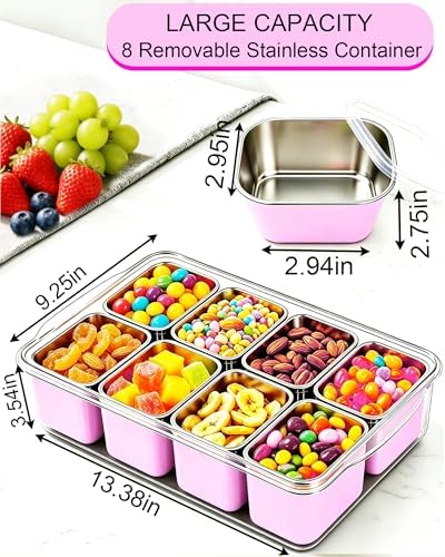 Snackle Box Container, Stainless Steel Divided Serving Tray with Lid and Handle, Large Snack Tray for Fruit Veggie Candy, 8-Compartment Snack Platter for Travel Beach Picnic,with Pink Silicone Sleeve