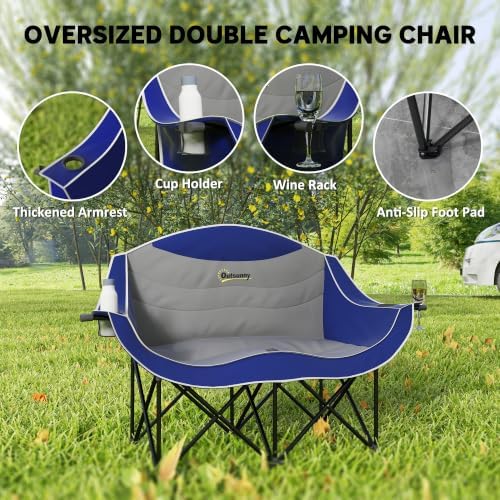 Outsunny Double Camping Chair for Adults, Padded Folding Camp Chair for 2 Person with Armrest, Wine Glass Holder, Cup Holder, Carry Bag for Outdoor Sports, Picnics, Supports up to 552 lbs.