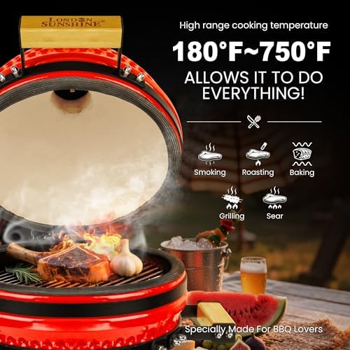 London Sunhine 13-Inch Ceramic Kamado Grill, Waterproof Vent Cap, Red