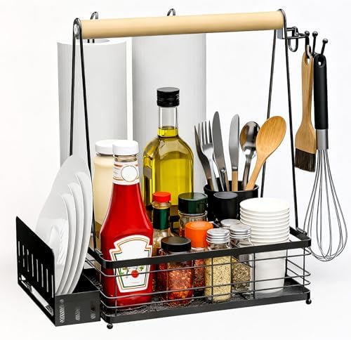 Grill Caddy BBQ for outdoor grill, with Plate Holder/2Paper Towel Holder