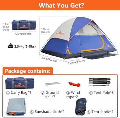ASFANES Tents for Camping 2/4/6 Person Camping Dome Tent, Waterproof,Spacious, Lightweight Portable Backpacking Tent for Outdoor Camping/Hiking