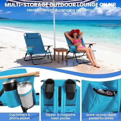 2 Pack Premium 5-Position Reclining Camping Chair - Portable Folding Lightweight Outdoor Chair with Wooden Armrests, Headrest & Pockets, 350lbs Heavy Duty for Beach, Patio, Backyard, Blue