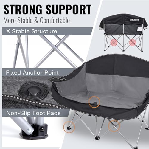 Double Camping Chair Heavy Duty 600LBS 2 Person Loveseat Portable w Holder