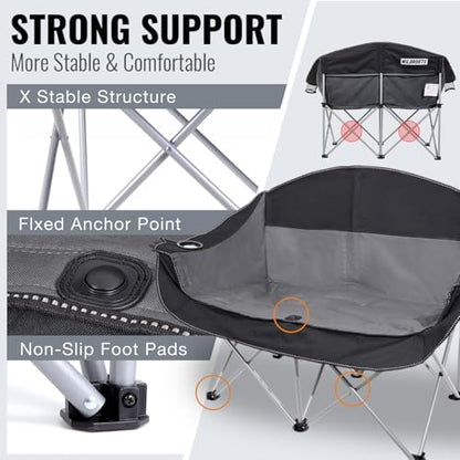 Double Camping Chair Heavy Duty 600LBS 2 Person Loveseat Portable w Holder