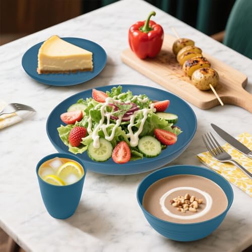 Wheat Straw Dinnerware Sets, 32 PCS Dishes Set for 8, Unbreakable Lightweight Reusable Plates and Bowls Sets for Kitchen Outdoors RV Camping Patio, Dishwasher & Microwave Safe - Blue
