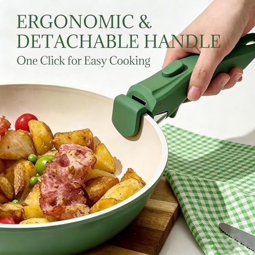 Ceramic Cookware Set Non Stick 8Pcs Pots and Pans Set Detachable Handle Induction Kitchen Cooking Set with Frying Pans Oven Dishwasher Safe, PFAS/PFOA Free, Forest Green
