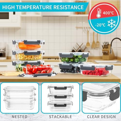 Skroam 10 Pack Glass Meal Prep Containers, 22 OZ Glass Airtight Food Storage Containers with Lids, Pantry Kitchen Storage Containers for Lunch, Food Storage, Meal Prep, Lunch Bento Boxes