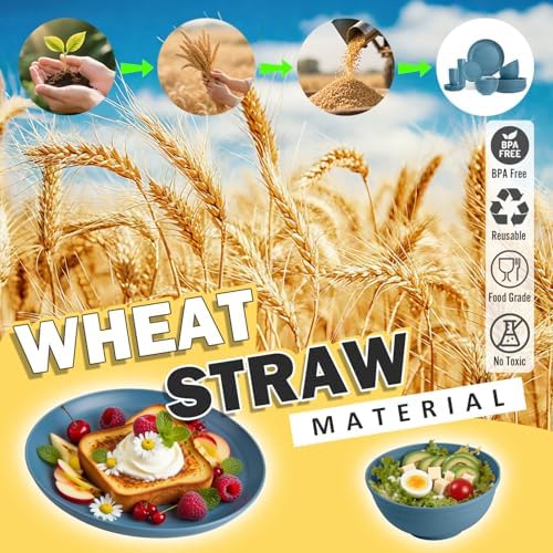 Wheat Straw Dinnerware Sets, 32 PCS Dishes Set for 8, Unbreakable Lightweight Reusable Plates and Bowls Sets for Kitchen Outdoors RV Camping Patio, Dishwasher & Microwave Safe - Blue