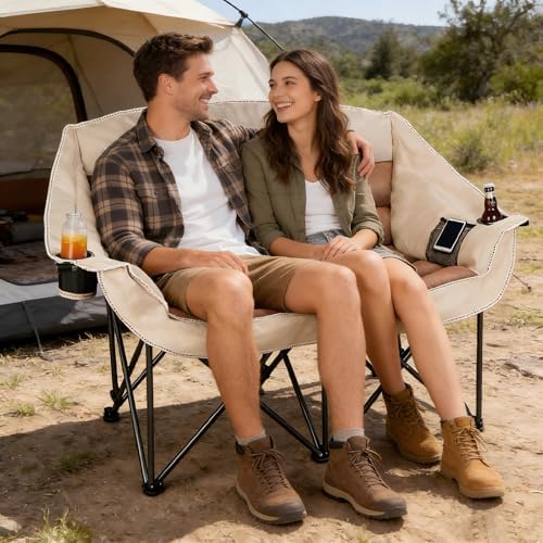 Double Folding Camping Chair Fully Padded Loveseat Camping Couch Oversized 2 Person Lawn Chair Sofa w/Cup Holder,Wine Glass Holder,Mesh Storage for Patio Picnic Beach,Support 600lbs,Cream