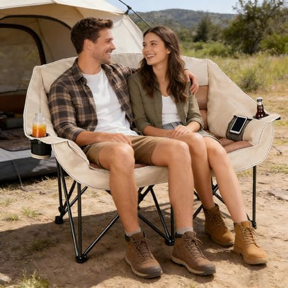 Double Folding Camping Chair Fully Padded Loveseat Camping Couch Oversized 2 Person Lawn Chair Sofa w/Cup Holder,Wine Glass Holder,Mesh Storage for Patio Picnic Beach,Support 600lbs,Cream