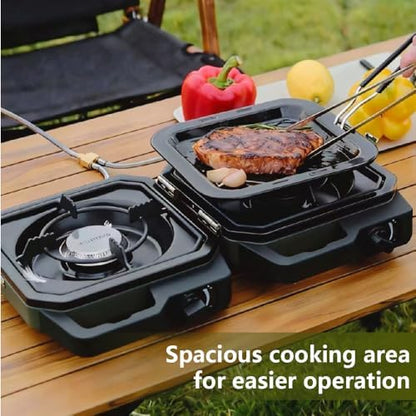 WINKIZA 304 Stainless 2 Burner Propane Camping Stove with Dual-outlet Gas Hose，Portable Floding Propane Camp Stoves with 24000BTU，Camping Essentials Gear Includes Frying Pan, Stand,Clip & Carry Bag