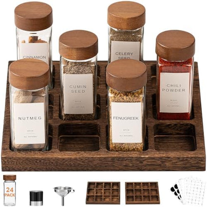 Yangbaga Glass Spice Jars with Labels, 24pcs 4oz Seasoning Jars with 2 Rack