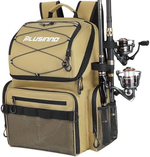 PLUSINNO Cooler Fishing Backpack with Rod Holders 45L Large Water-resistant Fishing Tackle bag Store Fishing Gear Fishing Gifts for Men Father