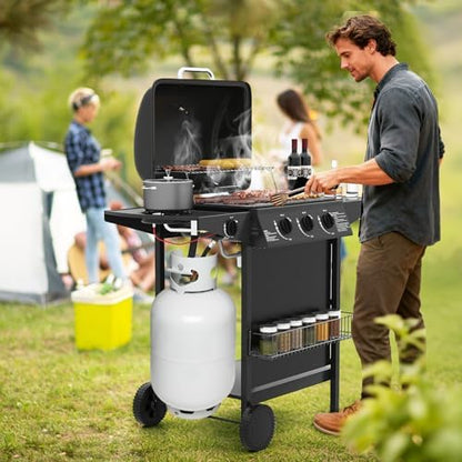 Happygrill 3 + 1 Burner Propane Gas Grill with Storage Shelves & Wheels
