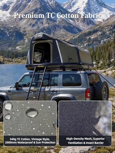 MC TOMOUNT Inflatable Rooftop Tent for Camping, Roof Top Truck Tent with Detachable Mattress, Panoramic Skylight & Ladder, Easy Setup Blow Up 2-3 Person Canvas Roof Tent for Car SUV Jeep Van