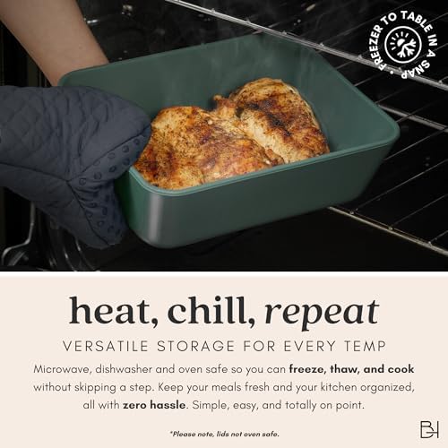 Glass Food Storage Container with Lid, 5-Cup Medium Square | Microwave-Safe Airtight Lid, Oven-Safe Ceramic-Coated Glass | Zero Plastic, No PFAS/PFOA/BPA, Reusable [Pine]