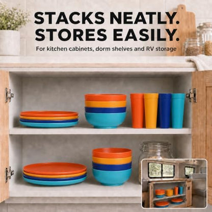 28 Piece Plates and Bowls Sets for 4, Kitchen Dinnerware Sets, Plastic