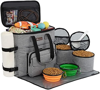 Modoker Dog Travel Organizer with 2 Collapsible Bowls for Supplies & Accessories, Airline Approved Dog Tote Pet Travel Bag with 2 Travel Food Container