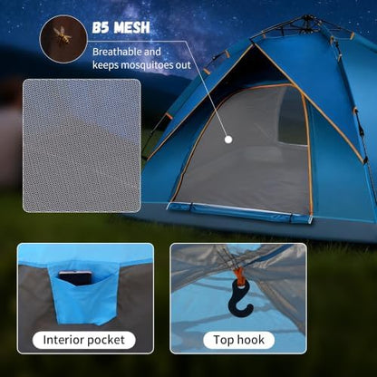 Quick Set Up Waterproof 4-Person Camping Tent with Bug Netting - Instant Pop-Up Tent for Family Camping & Hiking | All-Weather 4-Season Outdoor Shelter