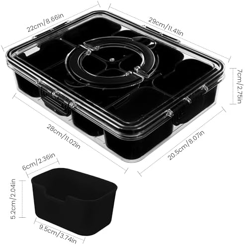 Dingerjar Divided Serving Tray with Lid and Handle - Snackle Box Charcuterie Container for Portable Snack Platters Organizer for Candy, Fruits, Nuts, Snacks - Perfect for Party, Entertaining, Black