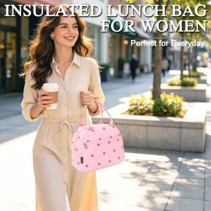 FlowFly Insulated Lunch Bag for Women – Corduroy Lunch Tote Box, Cute Cooler Bag for Work, Travel, Picnic,Corduroy Strawberries RoseRed