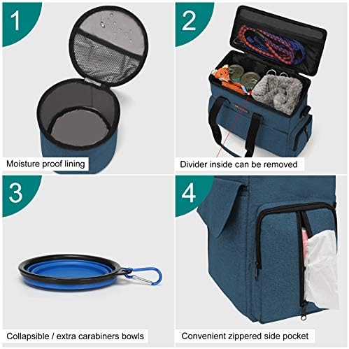 Modoker Weekend Dog Travel Bag Set with 2 Food Bags, 2 Bowls and Mat,Blue