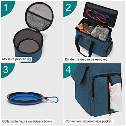 Modoker Weekend Dog Travel Bag Set with 2 Food Bags, 2 Bowls and Mat,Blue