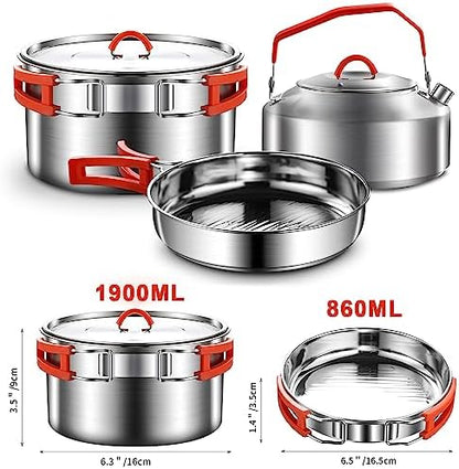304 Stainless Steel Camping Cookware Set - Mess Kit with Pots, Pans, Kettle, Plates, Forks, Knives, Spoons for 2 People, Perfect for Camping, Picnic, RVs