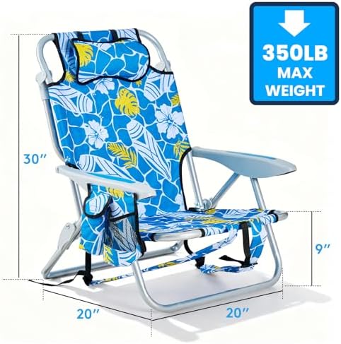2 Pack Lightweight Portable Camping Beach Chair for Adults, Outdoor Lay Flat Folding Beach Chairs with 5 Positions, Backpack Beach Chair with Towel Bar, Zipper Pouch, Hawaiian Style