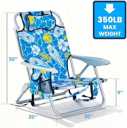 2 Pack Lightweight Portable Camping Beach Chair for Adults, Outdoor Lay Flat Folding Beach Chairs with 5 Positions, Backpack Beach Chair with Towel Bar, Zipper Pouch, Hawaiian Style
