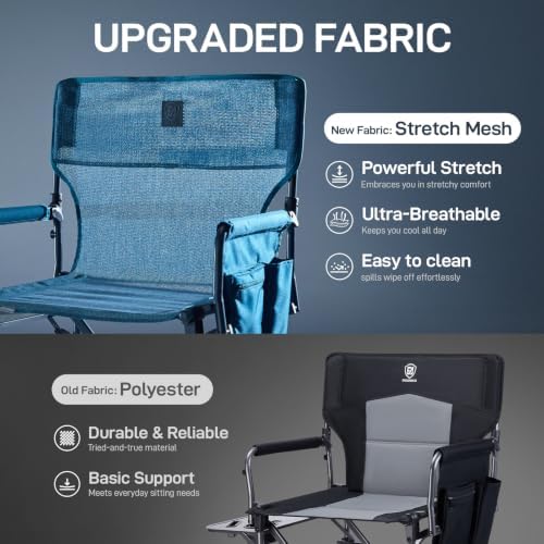 EVER ADVANCED Camping Directors' Chair with Side Table, Portable Folding with Compact Size, Breathable & Quick Dry Design Heavy Duty Lawn Chair with Pocket, 400lbs, Elastic Mesh, Blue