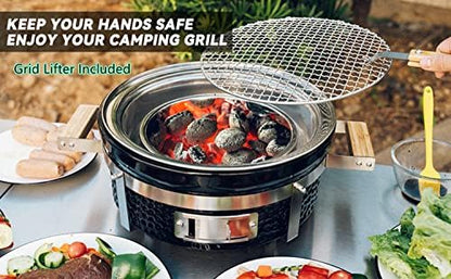 ONLYFIRE GRILLS 14”Ceramic Hibachi Charcoal Grill with Grid Lifter, GS305