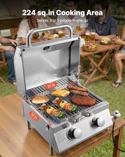 VEVOR Tabletop Gas Grill, 2-Burner Stainless Steel Portable Propane Grill, with Built-in Thermometer, Travel Locks, Weatherproof Lid, 15,000 BTU Total, for Outdoor Cooking, Patio, Party, Camping, RV