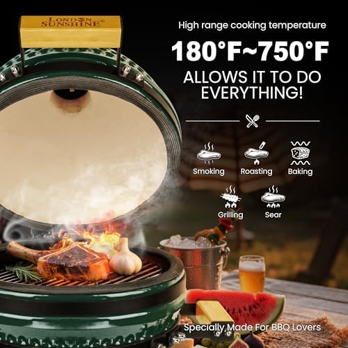 London Sunshine 13-Inch Ceramic Kamado Grill, Waterproof Vent Cap, Green