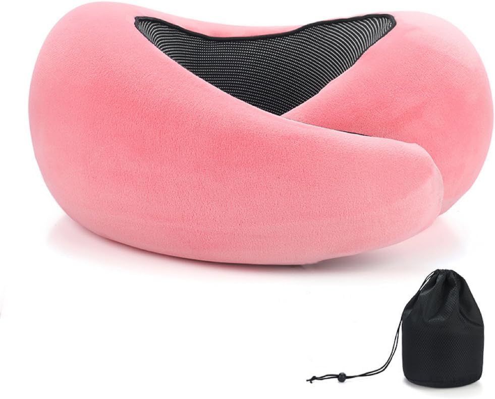 REDOFF®Travel Pillow for Neck Support, Memory Foam Neck Pillow for Airplane, Car, Office - Adjustable Strap with Magic Tape, Breathable & Portable with Storage Bag（Deep Pink
