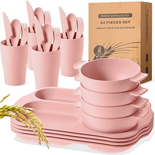 Honoson 24pcs Wheat Straw Dinnerware, Unbreakable, Pink