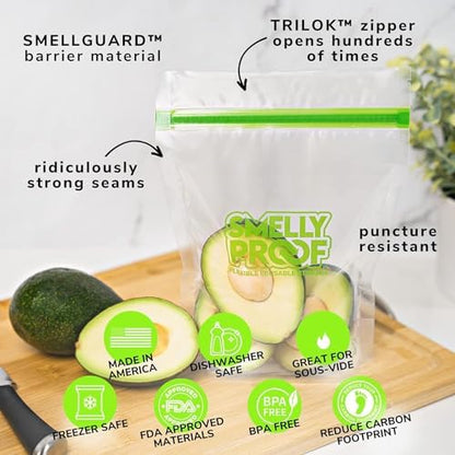Smelly Proof 50pk Reusable Stand & Fill Food Storage Bags - BPA FREE, NO PEVA, Clear 3 mils STAND UP 6.5" x 7.5" - 50 pcs